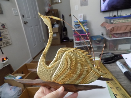 vintage metal goose among cat tail plants 10 inch on wood base