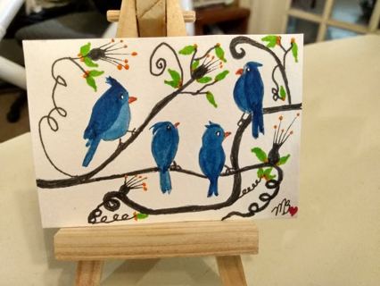 Original, Watercolor ACEO Painting 2-1/2"X 3/1/2" Blue Birds by Artist Marykay Bond
