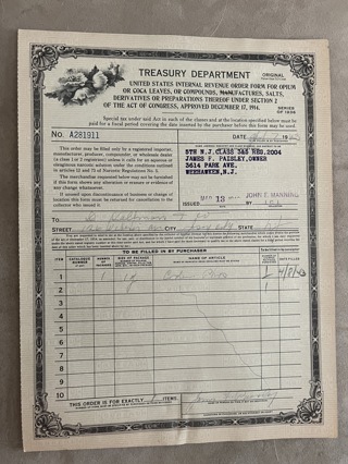 Antique Drug & Alcohol Document Group: 4 Treasury Dept Drug Forms 1943, 1 Prohibition Liquor Permit