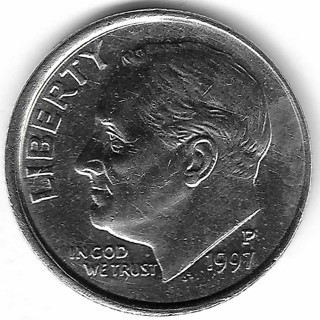 1997 P Roosevelt Dime Off Center Strike Error U.S. 10 Cent Coin