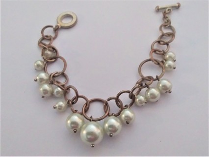 Vintage Chunky Brass Tone Faux Pearl Bangle Bracelet 