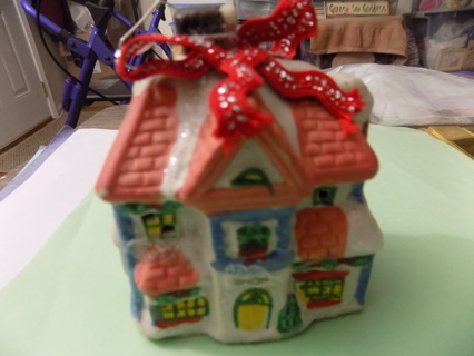 4 inch tall ceramic 2 story shop house village ornament peach roof, red bow