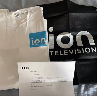 ION T V T shirt, backpack style pouch and letter