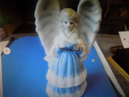 vintage 2000 Porcelain angel bell white & blue and holding a book