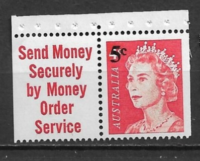 1967 Australia Sc398 5¢ surcharge on 4¢ Queen Elizabeth booklet single with label MNH