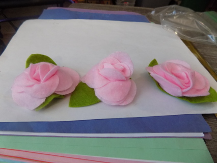 Set of 3 pink felt handmade roses & green leaves add a barrette or magnet