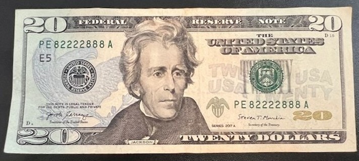 RARE $20 Dollar Bill with only 2 numbers in serial number: 82222888! Super Low Auction Starting Bid