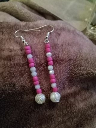 Pink with white crystal rose beaded earrings 3inch