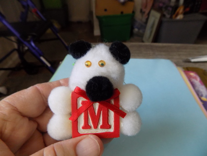 Home made pom pom bear black and white on wooden block ornament