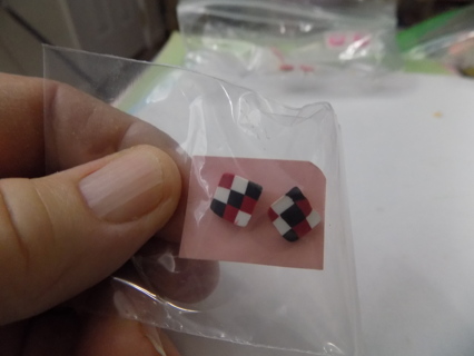 Post earrings red, white, and blue squares woven