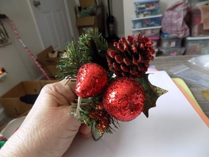 Vintage Christmas floral pick red glittery pinecone, sequin  and apple