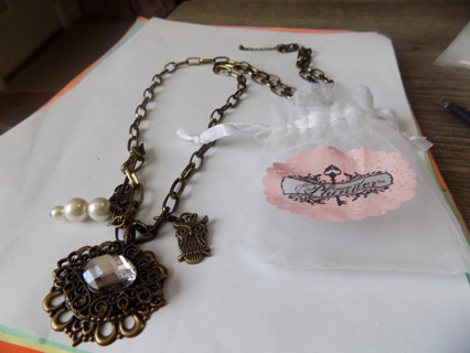 Plunder vintage necklace brass & black metal medallion lg faceted clear oval stone 3 pearl charms 