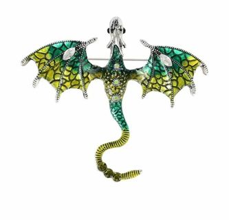 Gorgeous Green Enamel and bejeweled Flying Dragon Brooch in Green and Silver