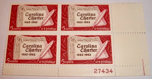 Scott #1230, Carolina Charter, Pane of 4 Useable 5¢ US Postage Stamps