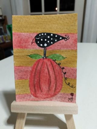 ACEO Original, Watercolor Painting 2-1/2"X 3/1/2" Pumpkin and Whimsical Crow by Artist Marykay Bond