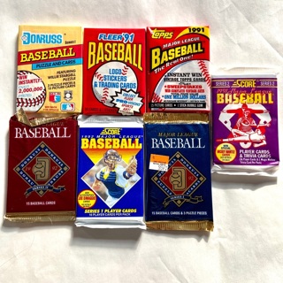Lot of seven vintage baseball card packs, 1992, 1991 Donruss Topps fleer score