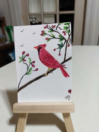 ACEO Original, Watercolor Painting 2-1/2"X 3/1/2" Cardinal Bird by Artist Marykay Bond