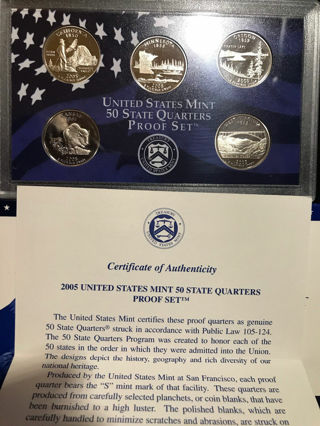 2005 S Proof State Quarter Set DCam Gem Original Box & COA 5 Coins Set  CA./MN./OR./KS./ WV. 