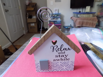 Wood house shape receipe/photo holder spiral wire says Relax and stay awhile