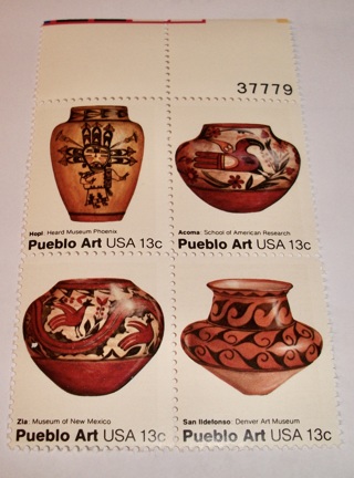 Scott #1706-09, Pueblo Art, Pane of 4 Useable 13¢ US Postage Stamps