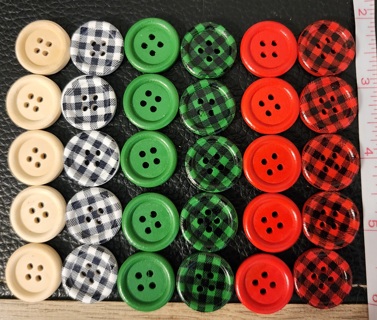 NEW - 30 Round Wood Buttons - Red, Green, Black, Tan & White - 4 hole