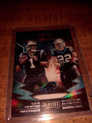 2019 Panini football insert Christian McCaffrey and Cam Newton thunder and lightning