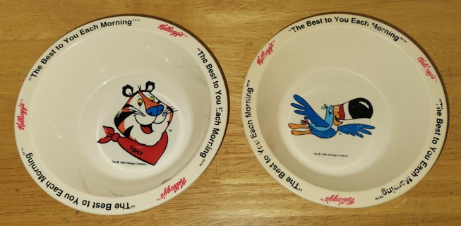 2 1995 Kellogg's plastic cereal bowls - 6 1/4" diameter: Tony the Tiger & Sam the Toucan