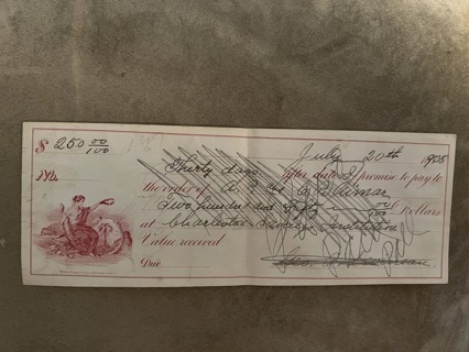 1908 Check for $250 at Charleston Savings Institution long note on back about interest rate error