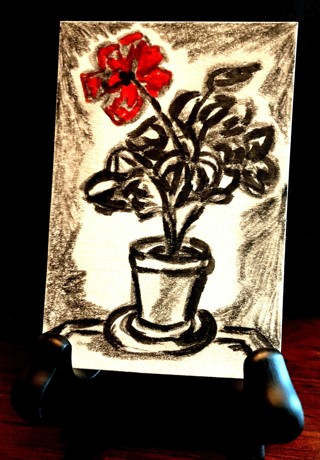 Original ACEO Card Black and White "Red Flower"