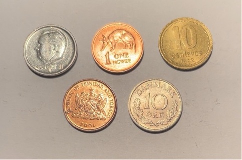 5 Different Dime Sized Foreign Coins 