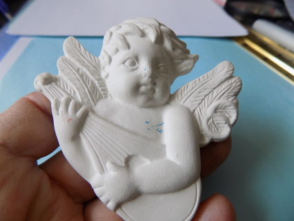 White bisque angel cherub playing a  mandolin 3 inch