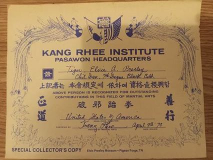 Special collectors Elvis Karate certificate