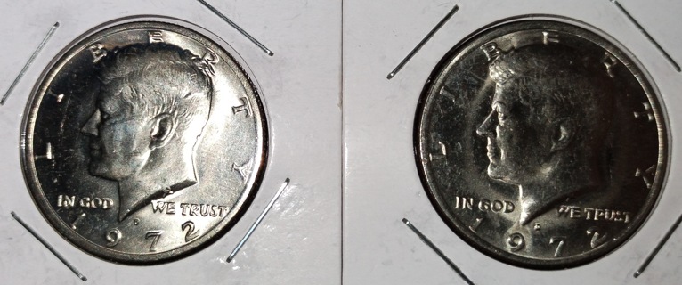 COINS TWO BEAUTIFUL UNC. 1972 D KENNEDY HALF DOLLARS SO NICE TAKE A LOOK FREE SHIPPING WOW!