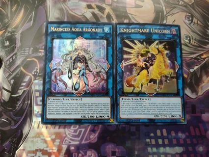 2 Ultra Rare Holo Yugioh Cards Knightmare Unicorn and Marincess aqua argonaut