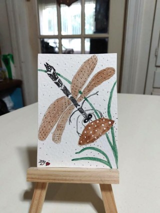 ACEO Original, Watercolor Painting 2-1/2"X 3/1/2" Dragonfly on Mushroom by Artist Marykay Bond