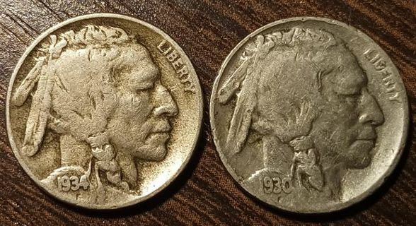 1930-S 1934-D USA Indian Head Buffalo Nickels Full bold dates!