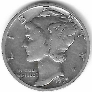 Vintage 1939 Mercury Dime 90% Silver U.S. 10 Cent Coin