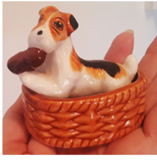 Vintage Dog in Basket Figurine