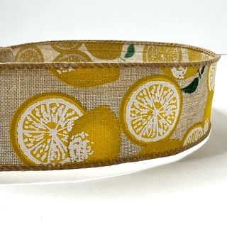 Lemon Print Tan 1.5” Wide Wire Edge Ribbon 