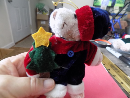 Christmas bear plush ornament # 1 blue hat trim in red, red, & blue outfit