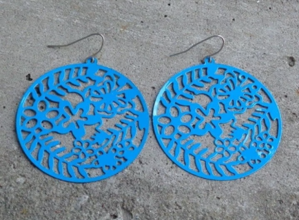 Large Blue Round Circle Flower Floral Cutout Earrings Thin Metal Wire Hooks