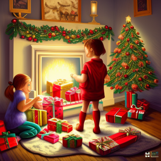 Listia Digital Collectible: Children opening presents Christmas morning by the tree & fireplace