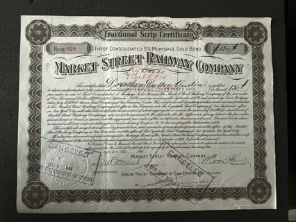 San Francsico California: Market Street Railway 5% Mortgage Gold Bond certificate 1921