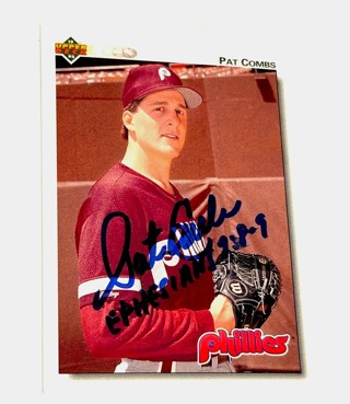 Autographed 1992 UD BASEBALL CARD / 442 PHILADELPHIA PHILLIES PAT COMBS