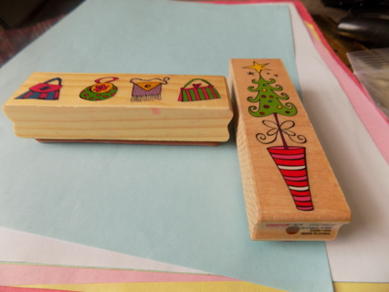 Set of 2 Wood Mount Rubber Stamps Assorted purses and Christmas tree in flowerpot