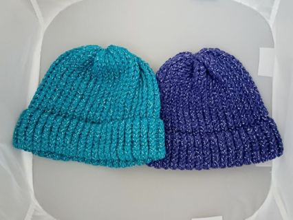 Set of 2 Handmade Loom Knit Hats Sparkly Blue & Purple