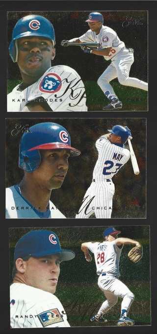 1995 Flair 3 different Chicago Cubs Cards - #113 Derrick May #114 Randy Myers #115 Karl Rhodes