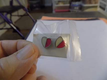 Post earrings  metal heart shape 1/2 pink and 1/2 white  # 2