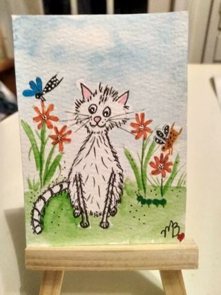 Original, Watercolor Painting 2-1/2"X 3/1/2" Whimsical Cat in Garden by Artist Marykay Bond