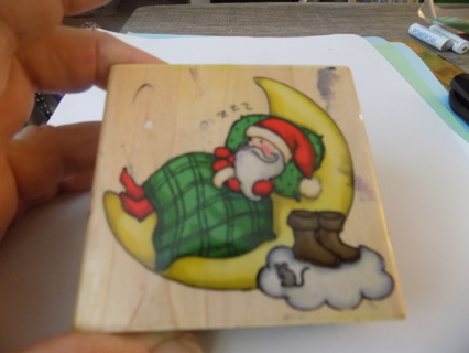 Wood mount rubber stamp 3 inch square Santa sleeping on the moon